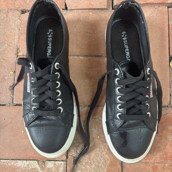 Superga Black Leather Platform Sneakers Size 8.5 - Picture 3 of 3
